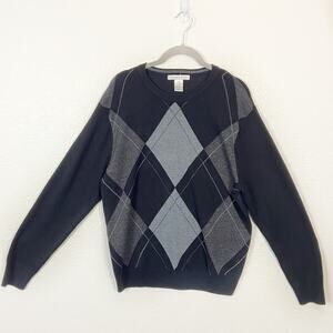 Geoffrey Beene Med Black and Gray Argyle Sweater